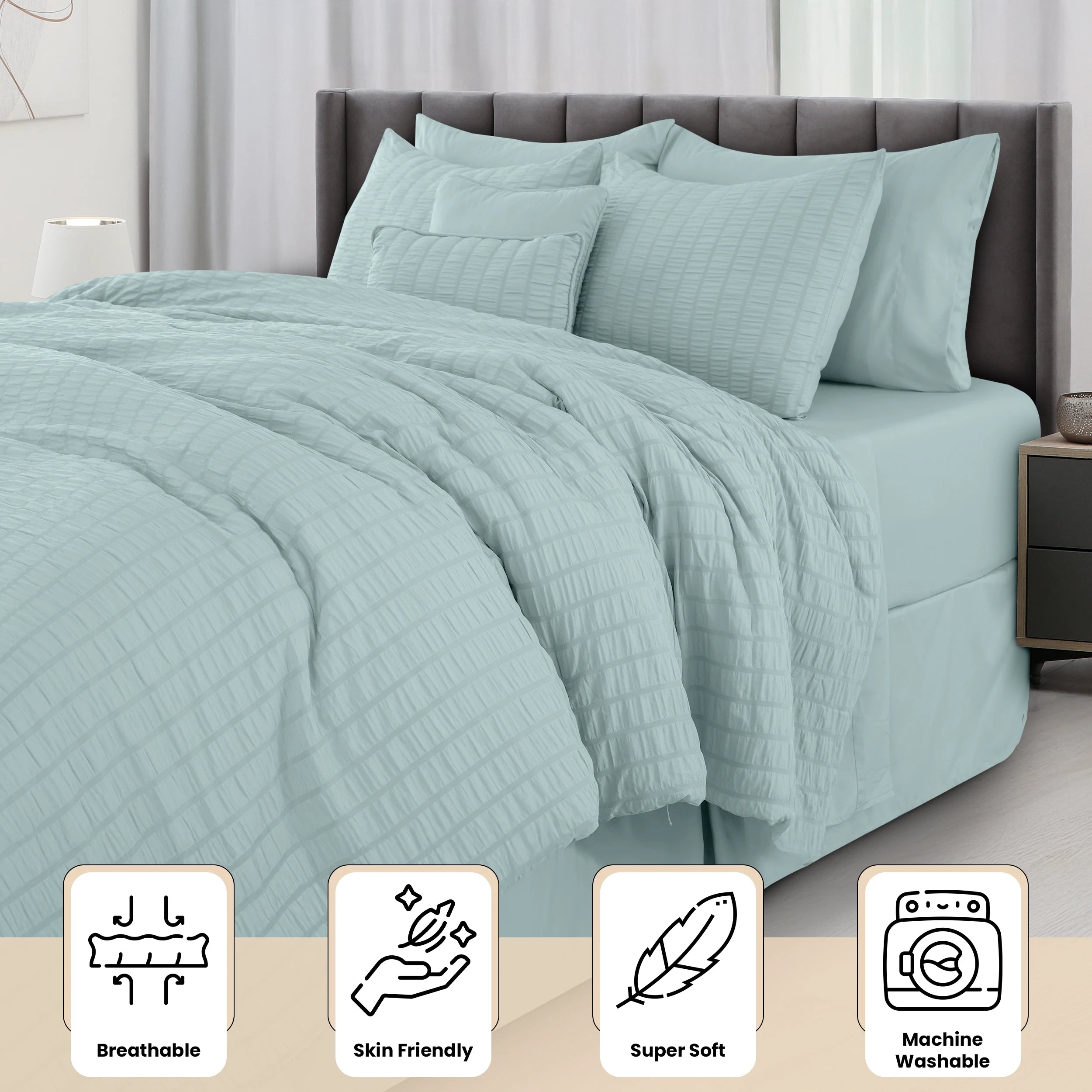 10 Piece Comforter Set, Seersucker Bed in a Bag King Bedding Set - with Sheets