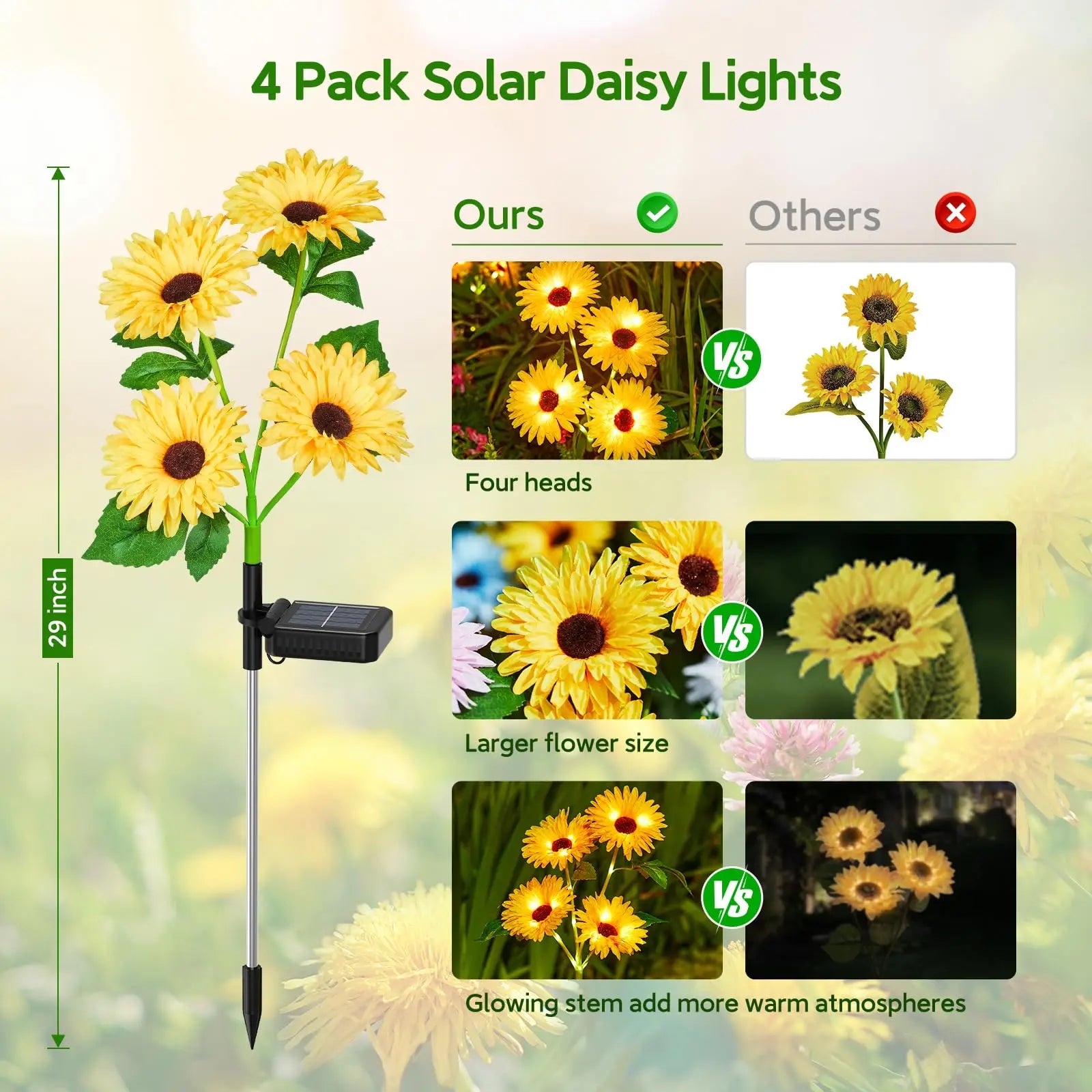 Solar Outdoor Garden Lights, 16 (4 pack)Glowing Daisy Flowers