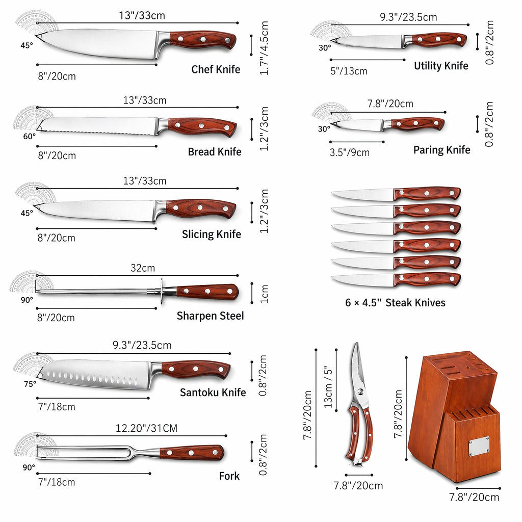 Elegant  16 Pcs Kitchen Knife Set with Sharpener & Acacia Wooden Block, Stainless Steel Brown Wood Handle, Multi Cooking Knives