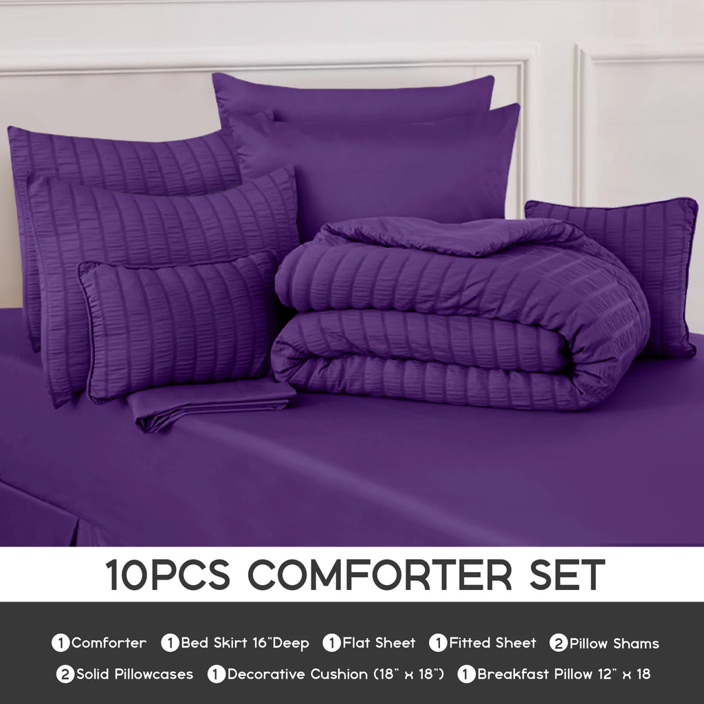 10 Piece Comforter Set, Seersucker Bed in a Bag King Bedding Set - with Sheets