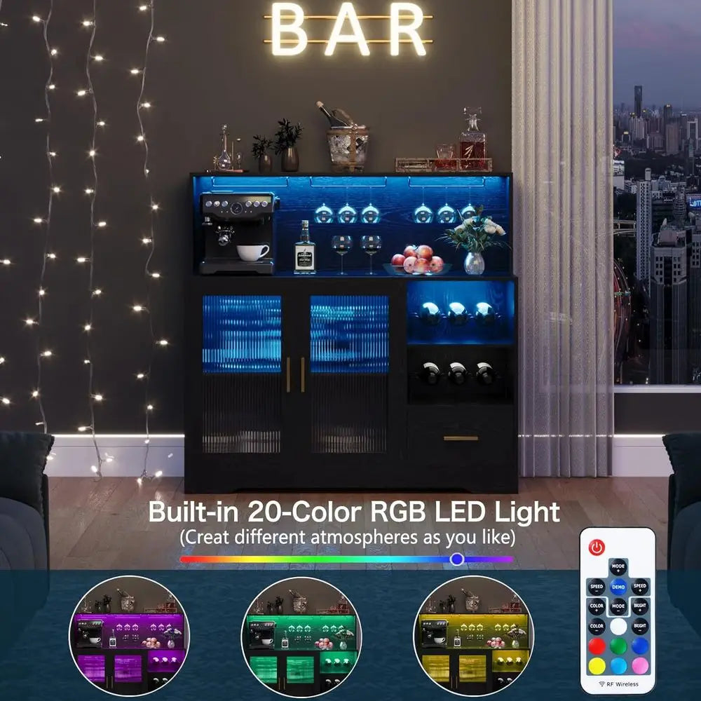 Modern Black LED-lit Home Bar Cabinet with Storage