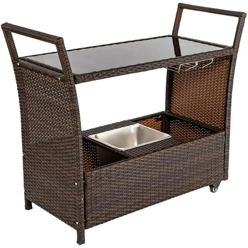 Hot-sellingRattan Outdoor Bar Cart on Wheels with Ice Bucket and Glass Top for Serving Drinks