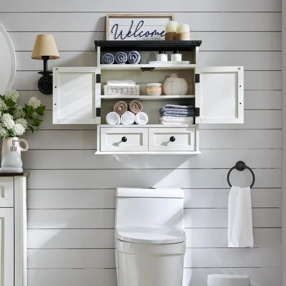 24 Wide Medicine Cabinet with Adjustable Shelf, Double Barn Doors, Storage Cabinet for Bathroom, Kitchen, Living Room, White