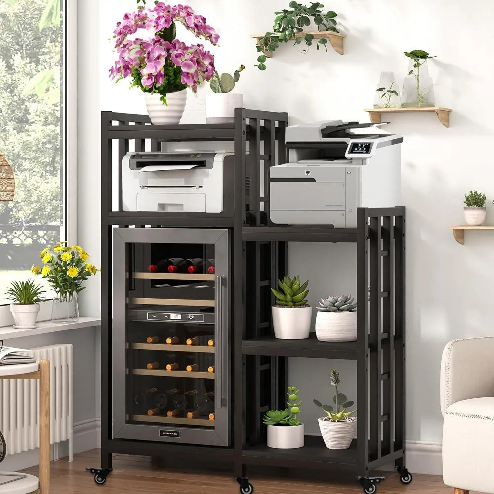 Free Standing Baker Rack Mini Fridge Stand with Wheels, 6 Tire Kitchen Storage Shelf Organizers Coffee Table Bar Micr