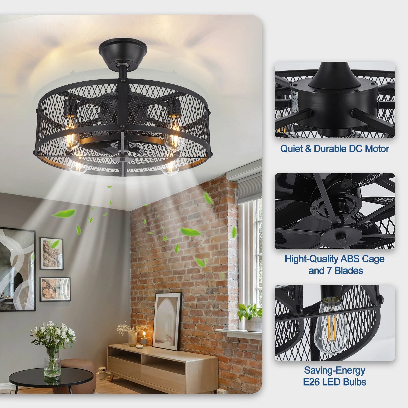 Caged Ceiling Fan with Light: 20/26" Farmhouse Fandelier Ceiling Fan with Remote for Low Profile Indoor Bedroon Kitchen Living