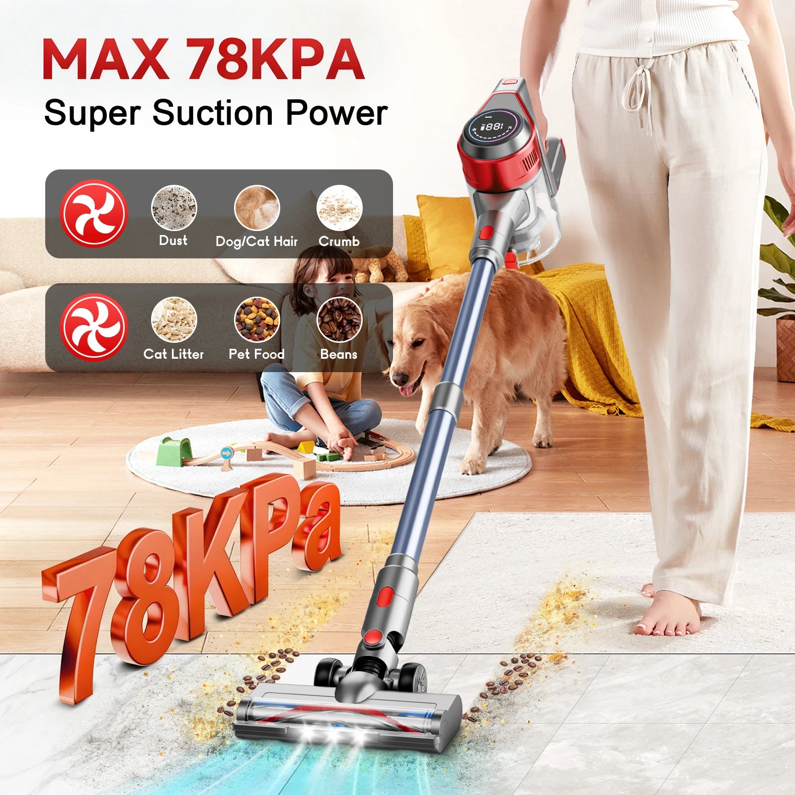 Powerful Cordless Vacuum Cleaner 78KPA 45Min Lightweight Stick Vacuum