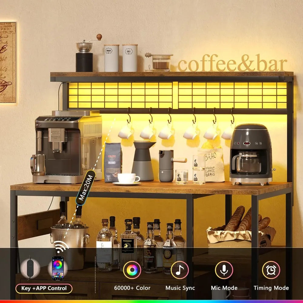 Bakers Rack with Power Outlet and LED Light, Microwave , Coffee bar