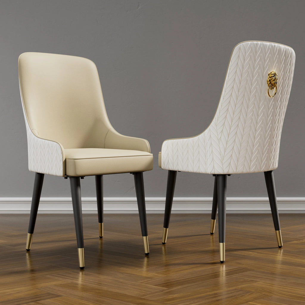 Modern PU Leather Set of 2 Dining Chairs with Metal Legs Lion Head Pull Ring