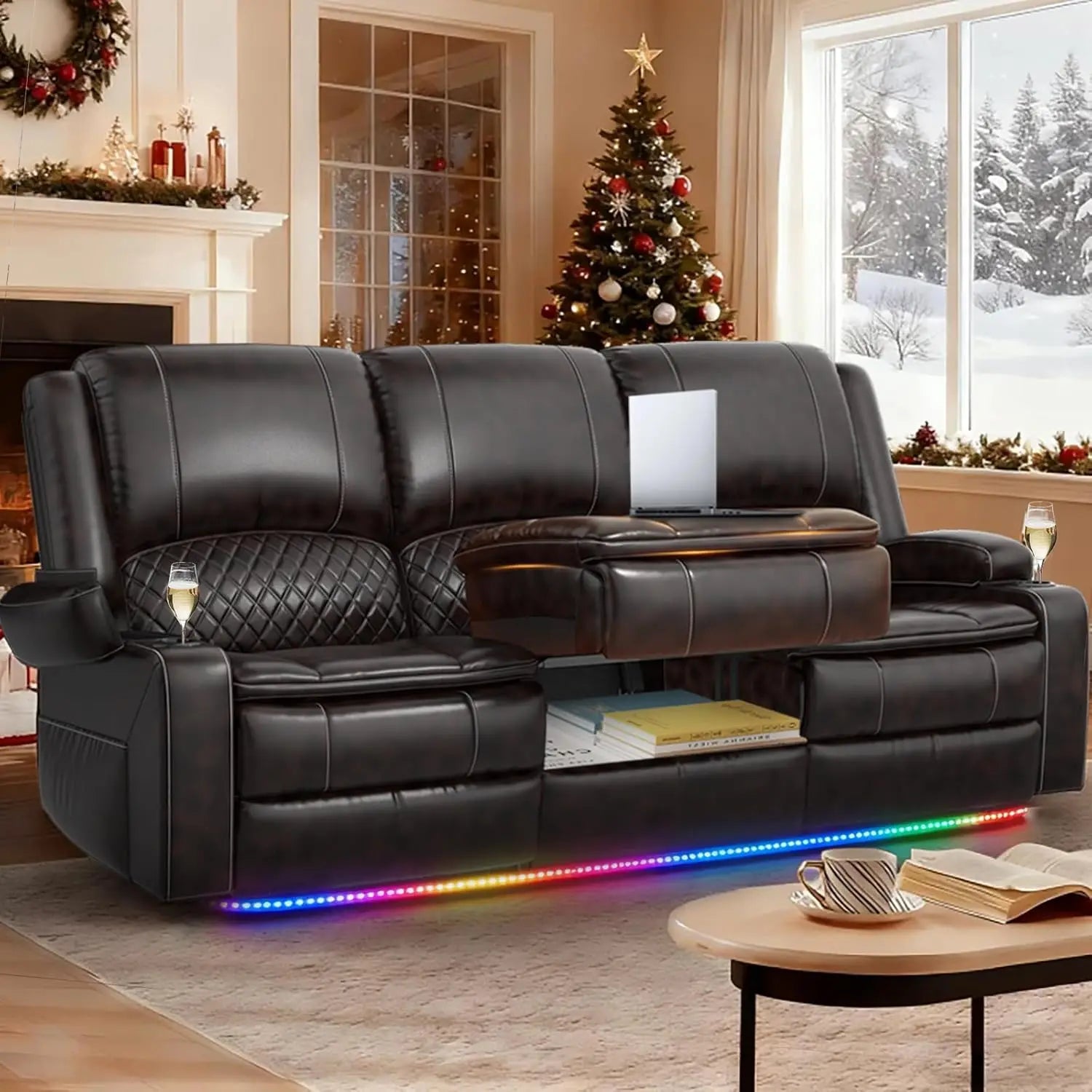 3 Seat Recliner Sofa with Console, Armrest, PU Leather, Cup Holders, USB Ports