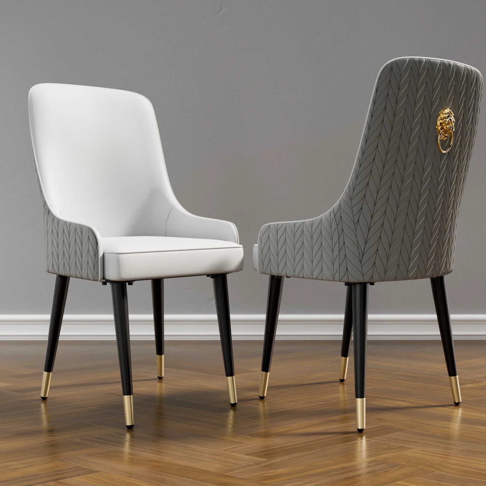 Modern PU Leather Set of 2 Dining Chairs with Metal Legs Lion Head Pull Ring