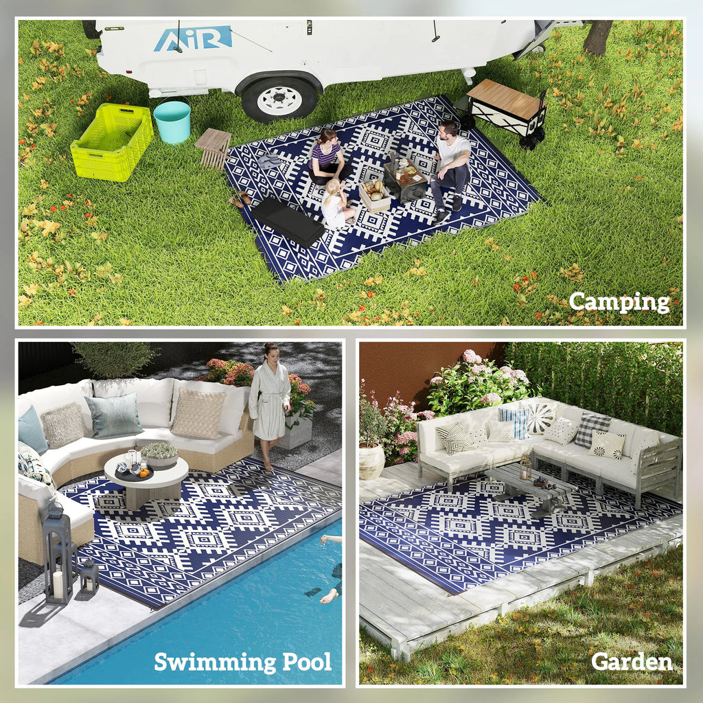 Jazzy Outdoor Rug, 9' x 12' Floor Mat, Blue White Rhombus Border
