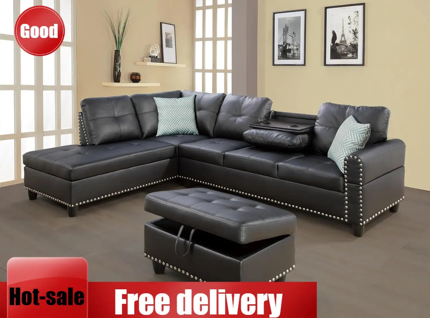 Sectional Sofa Couch, Modern 4-Seaters Living Room Furniture Set