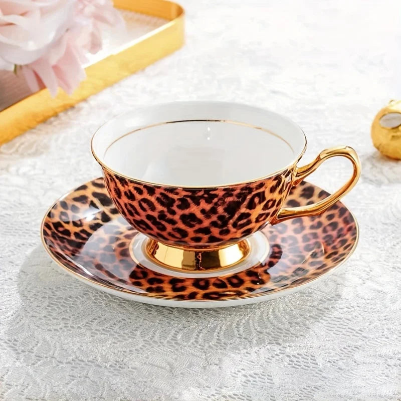 Luxurious Leopard Print Tea Set: Elegant Bone China Cup And Saucer with Golden Trim