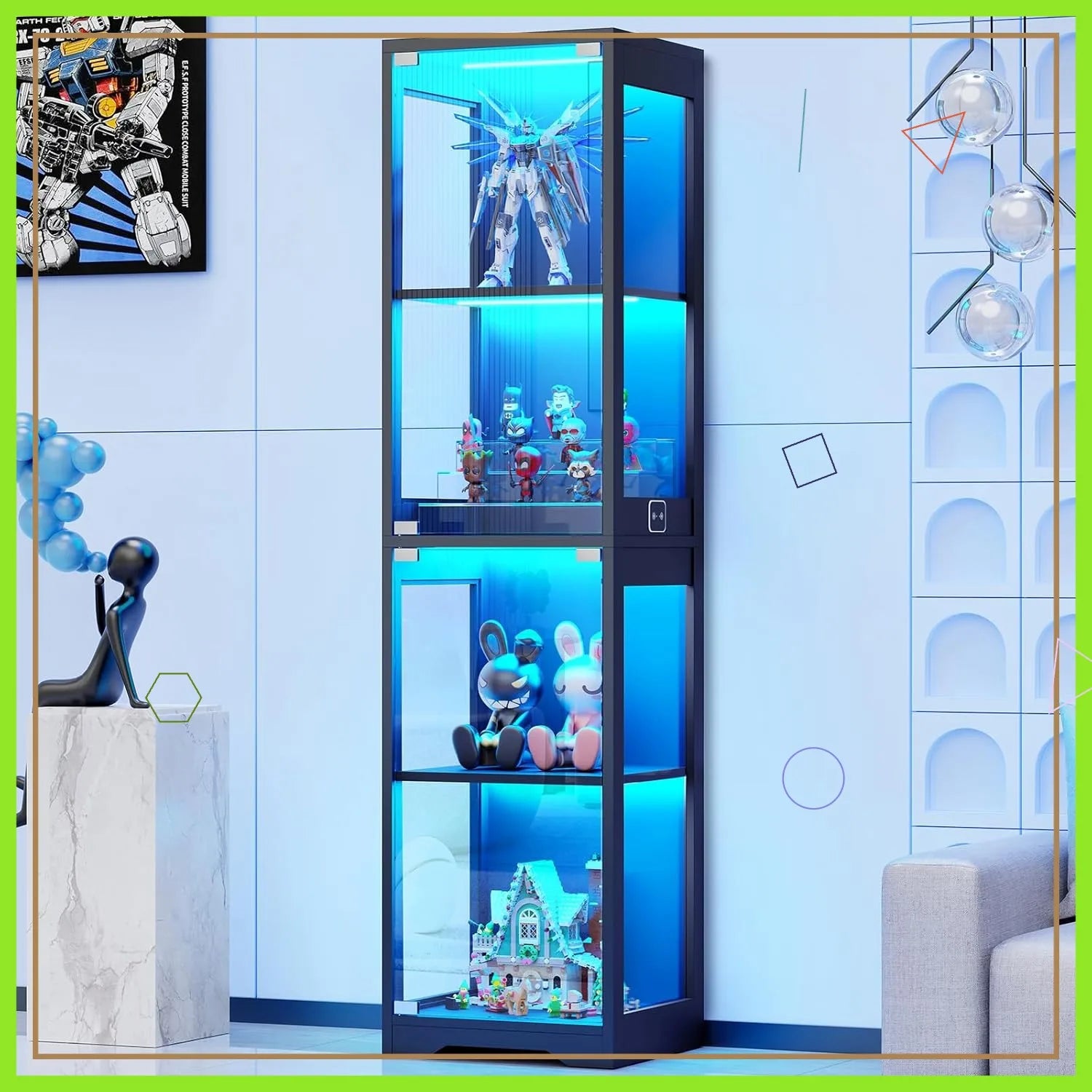4-Tier Glass Display Cabinet with 3 Color LED Lights - Black