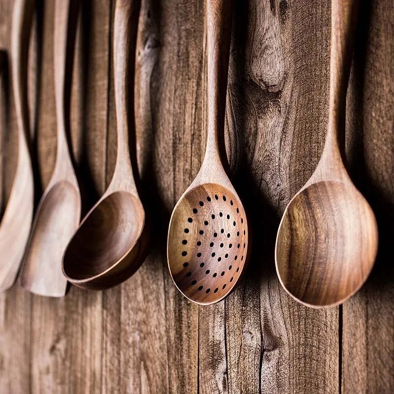 Kitchen Luxury Teak Wood Utensil Set 5-Piece Cooking Ensemble Including Spoons, Server, Scraper & Spatula