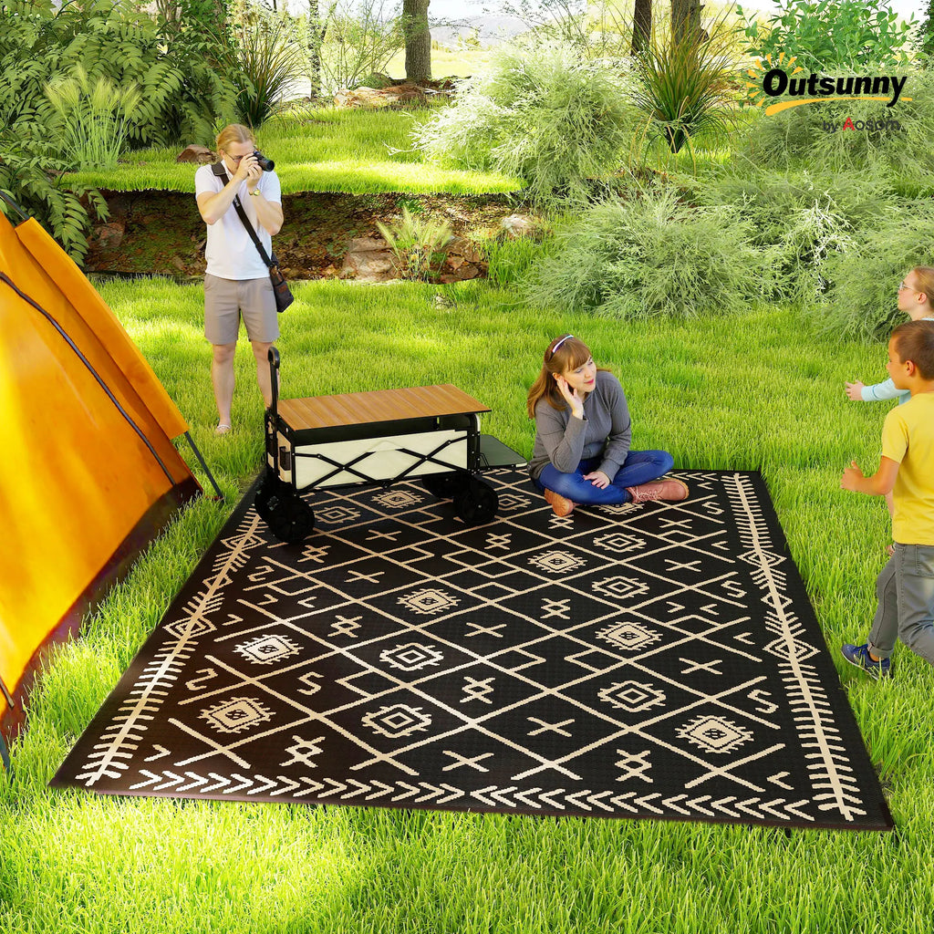 Awesome Outdoor Rug, 9' x 12' Floor Mat, Black Beige Rhombus