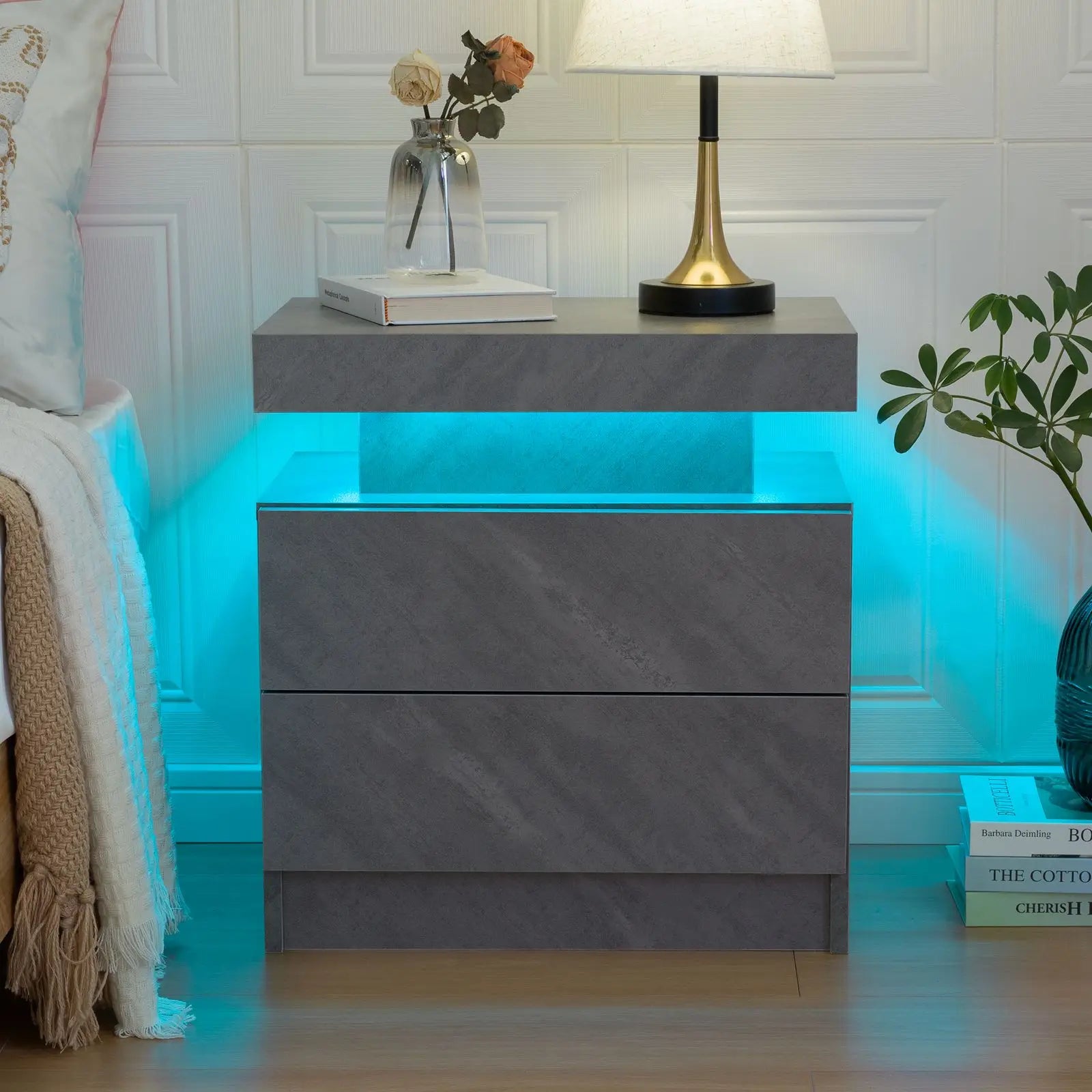 Moroccan Cube Nightstands with 2 Drawers, End Table with RGB LED Lights