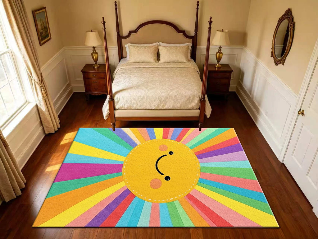 Cute Rainbow Smiley Sun Area Rug Bright Colorful Kids