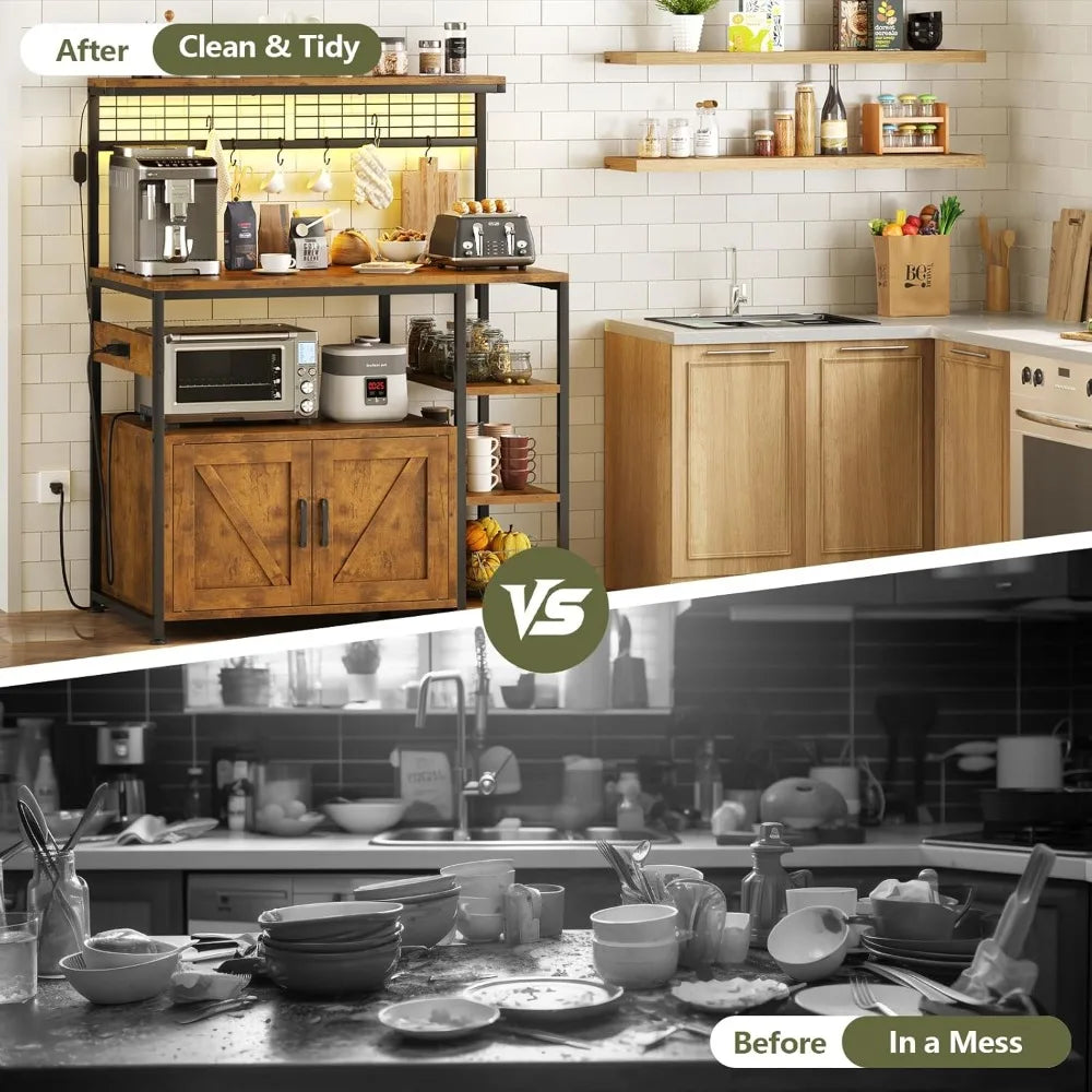 Bakers Rack with Power Outlet and LED Light, Microwave , Coffee bar