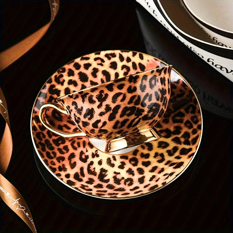 Luxurious Leopard Print Tea Set: Elegant Bone China Cup And Saucer with Golden Trim