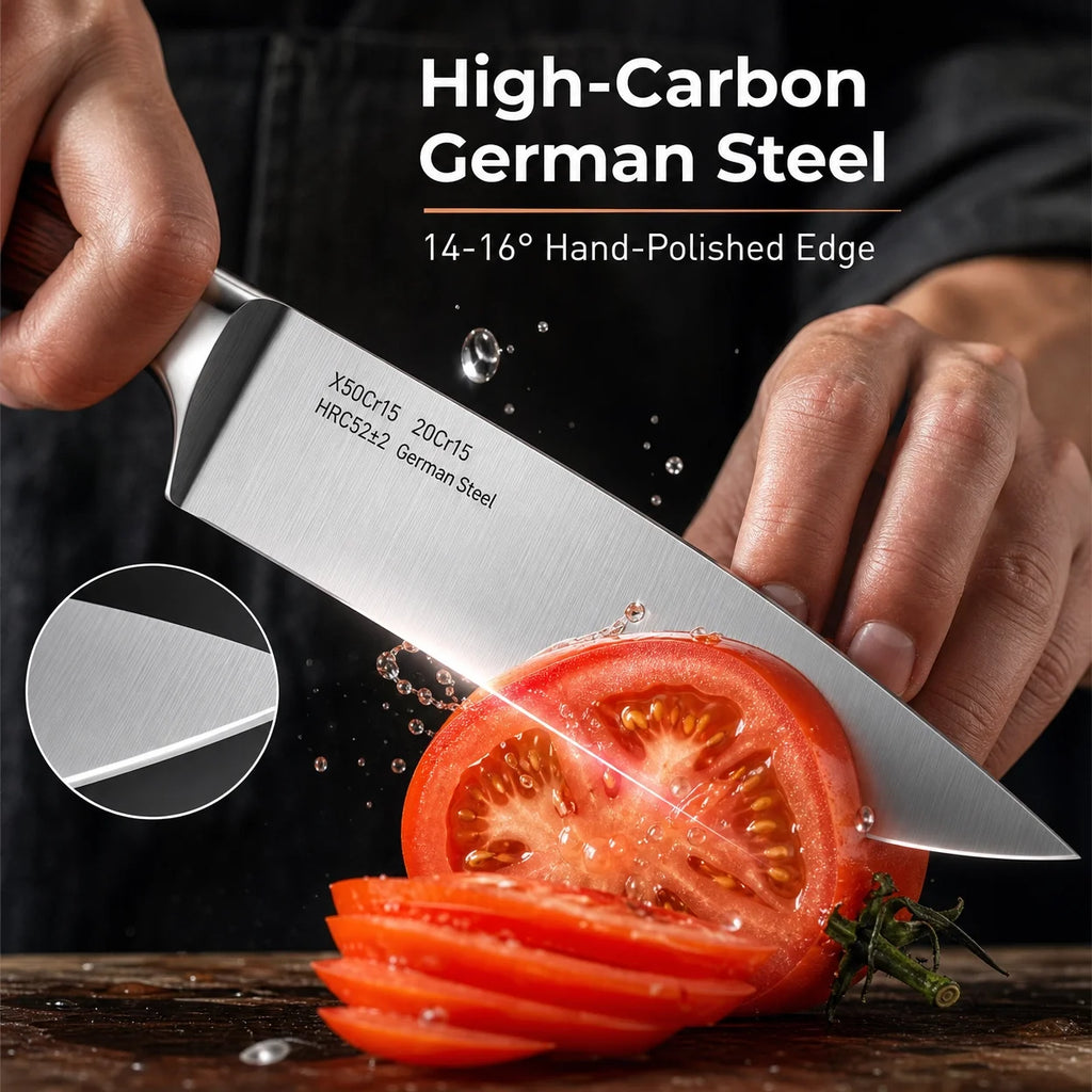 Elegant  16 Pcs Kitchen Knife Set with Sharpener & Acacia Wooden Block, Stainless Steel Brown Wood Handle, Multi Cooking Knives