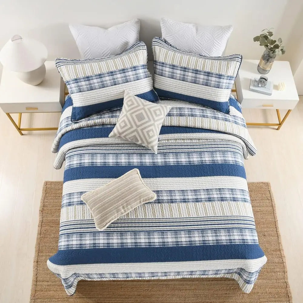Blue White Tan Striped Queen Size Comorter Set, 3-Piece