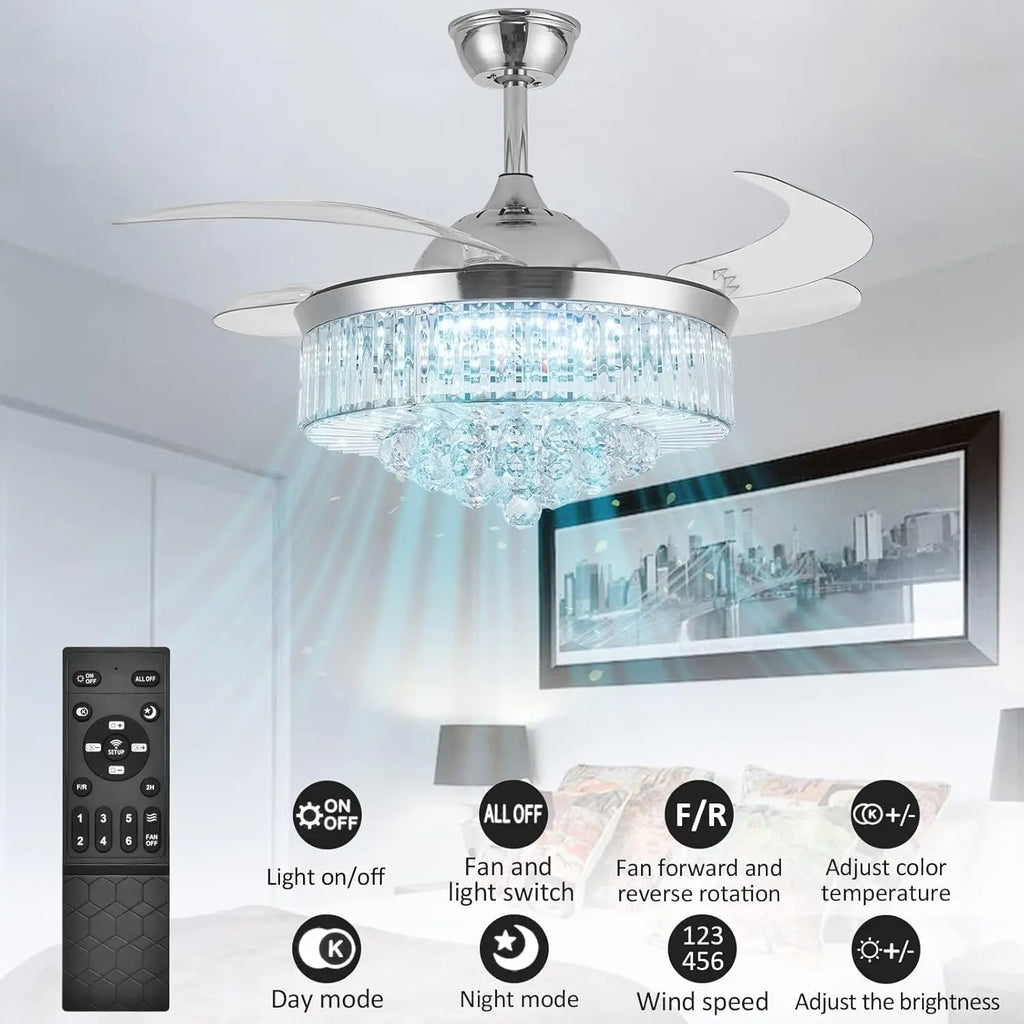 42" Crystal Ceiling Fan with Light, Silvery Chandelier with Remote, 6 Speeds 3 Colors Changes