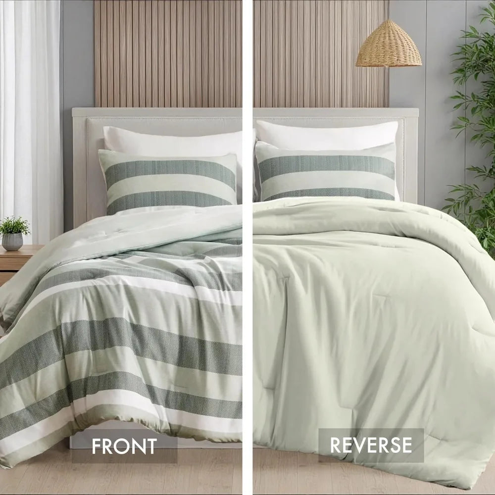 Comforter Set, 3 Pieces Striped Bed Set, Soft Brushed Microfiber Reversible