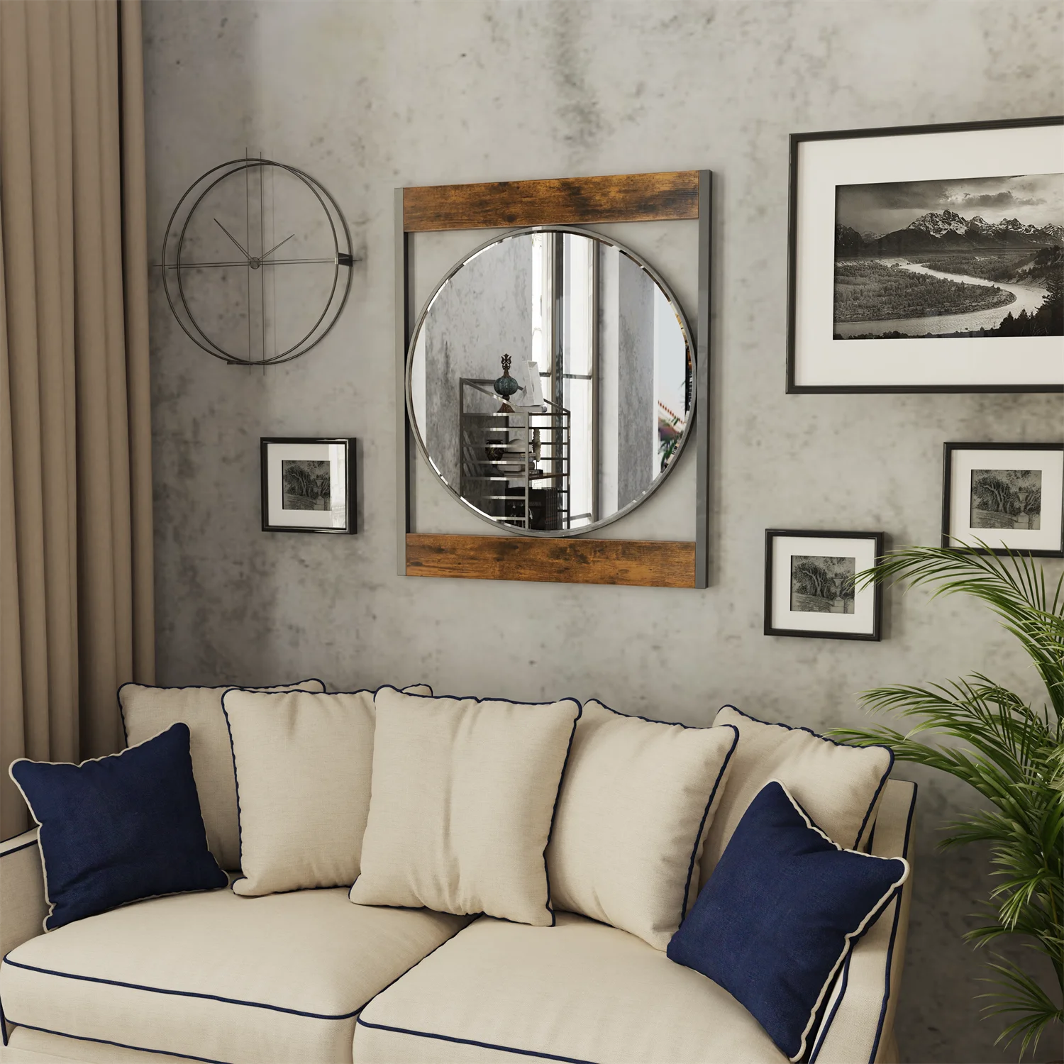 Industrial Metal Wood Frame Mirror 63x76CM