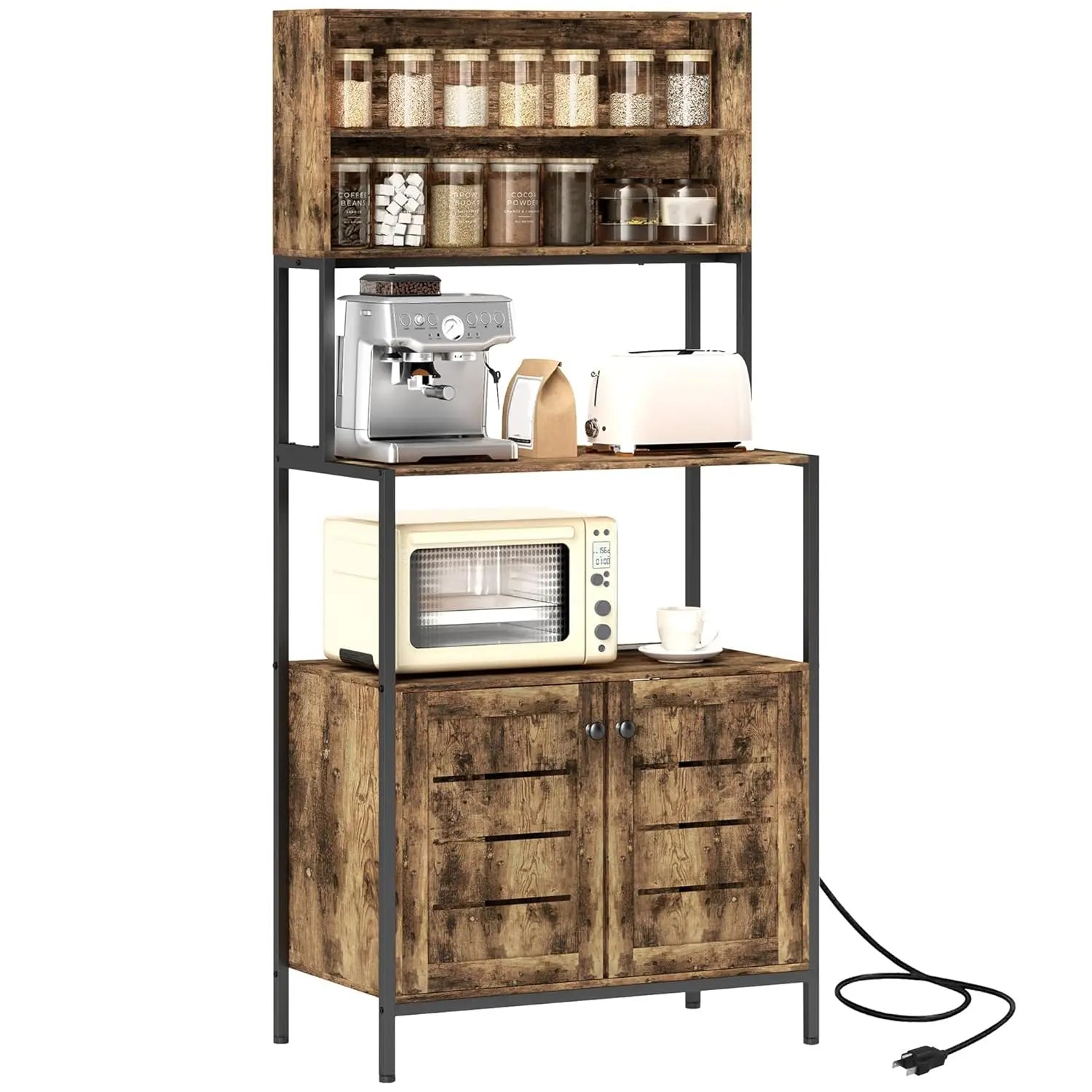 Kitchen Bakers Rack with Power Outlet, Coffee Bar Cabinet with Storage Shelves