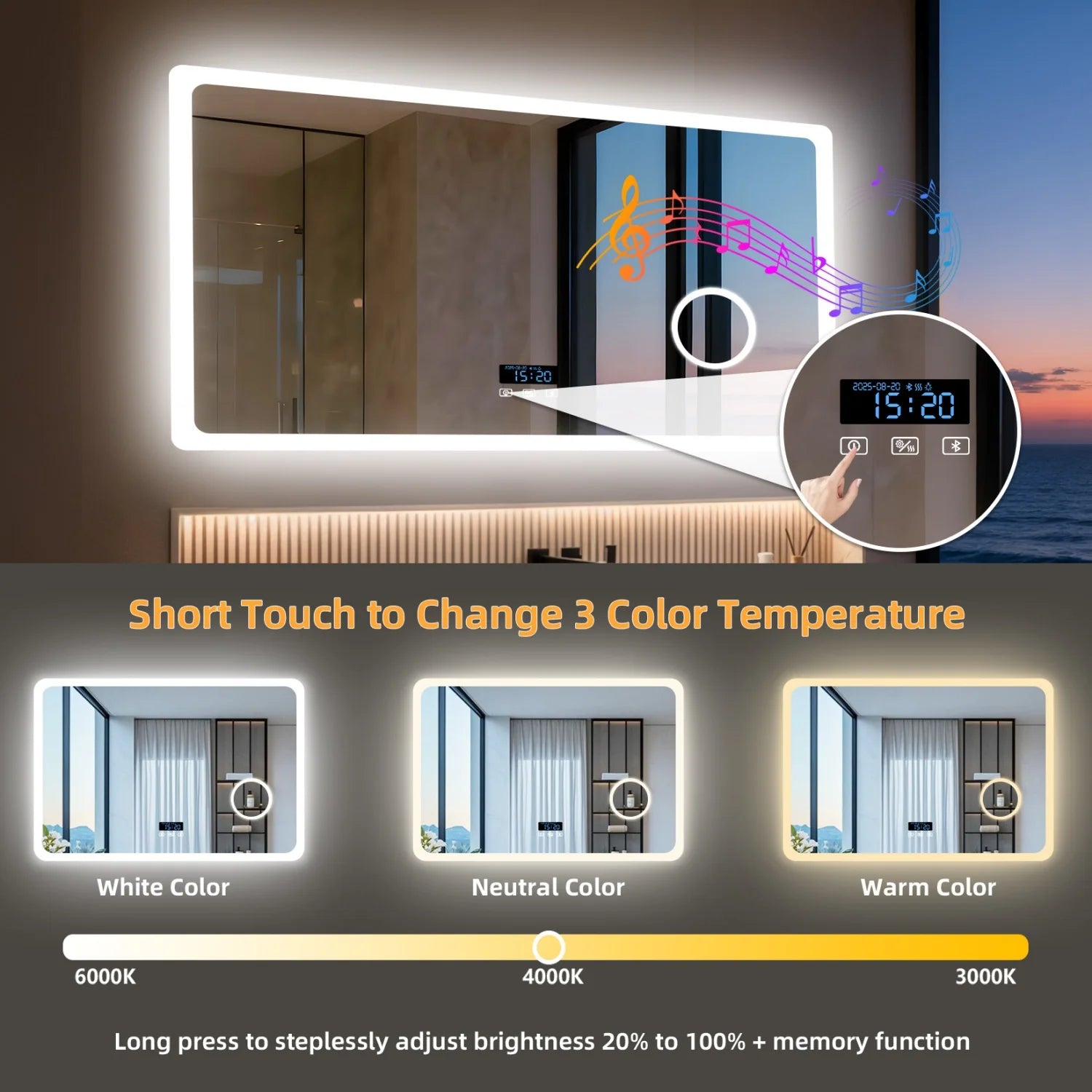LED Bathroom Mirror with Bluetooth Dimmable Backlit Vanity Mirror with 3X Magnifier and Screen Display
