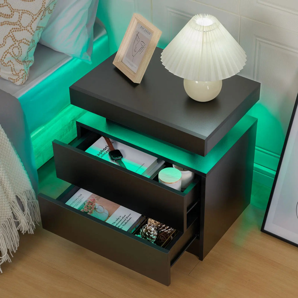 Moroccan Cube Nightstands with 2 Drawers, End Table with RGB LED Lights