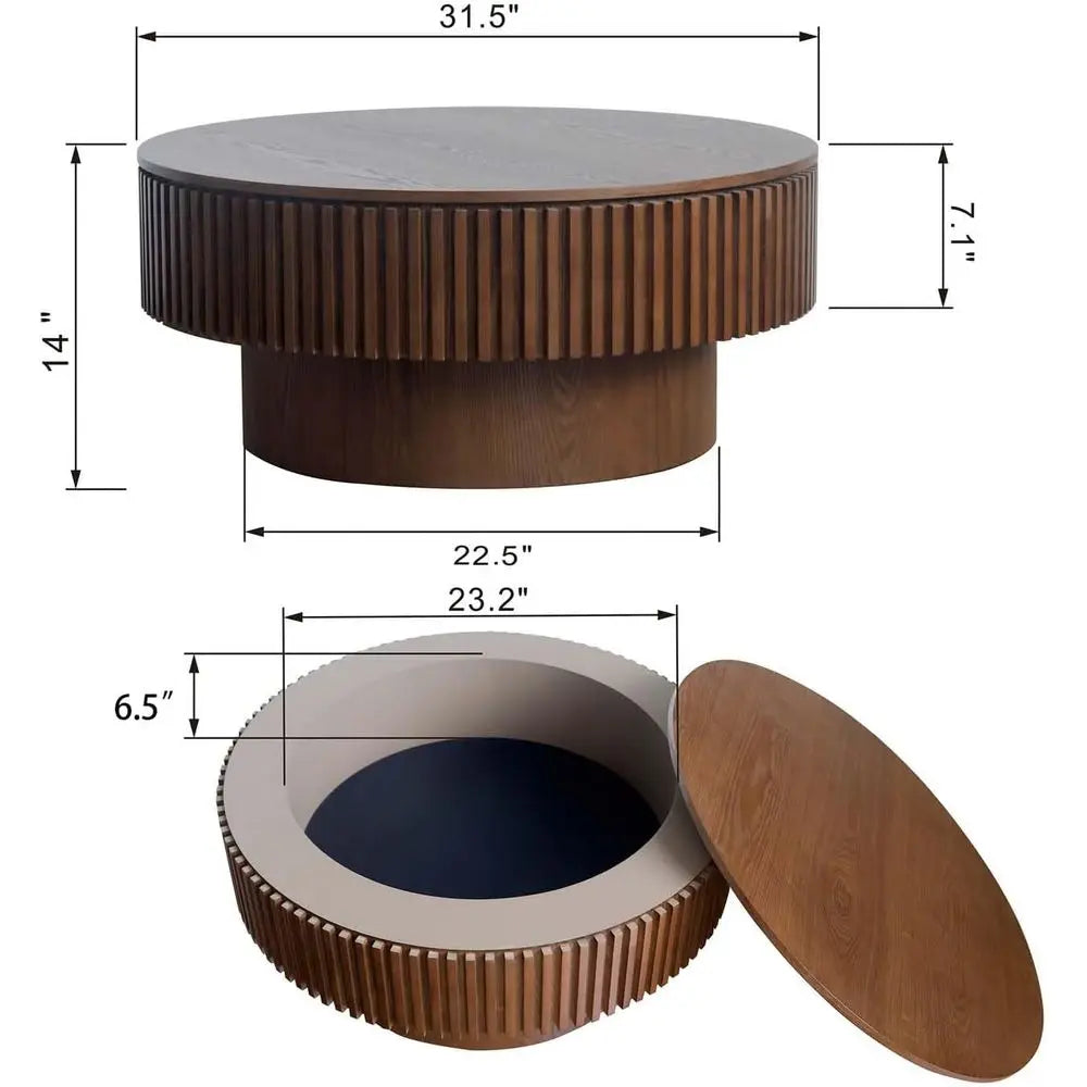 Walnut Round Coffee Table with Storage for Small Spaces: 31.5L × 31.5W × 14H