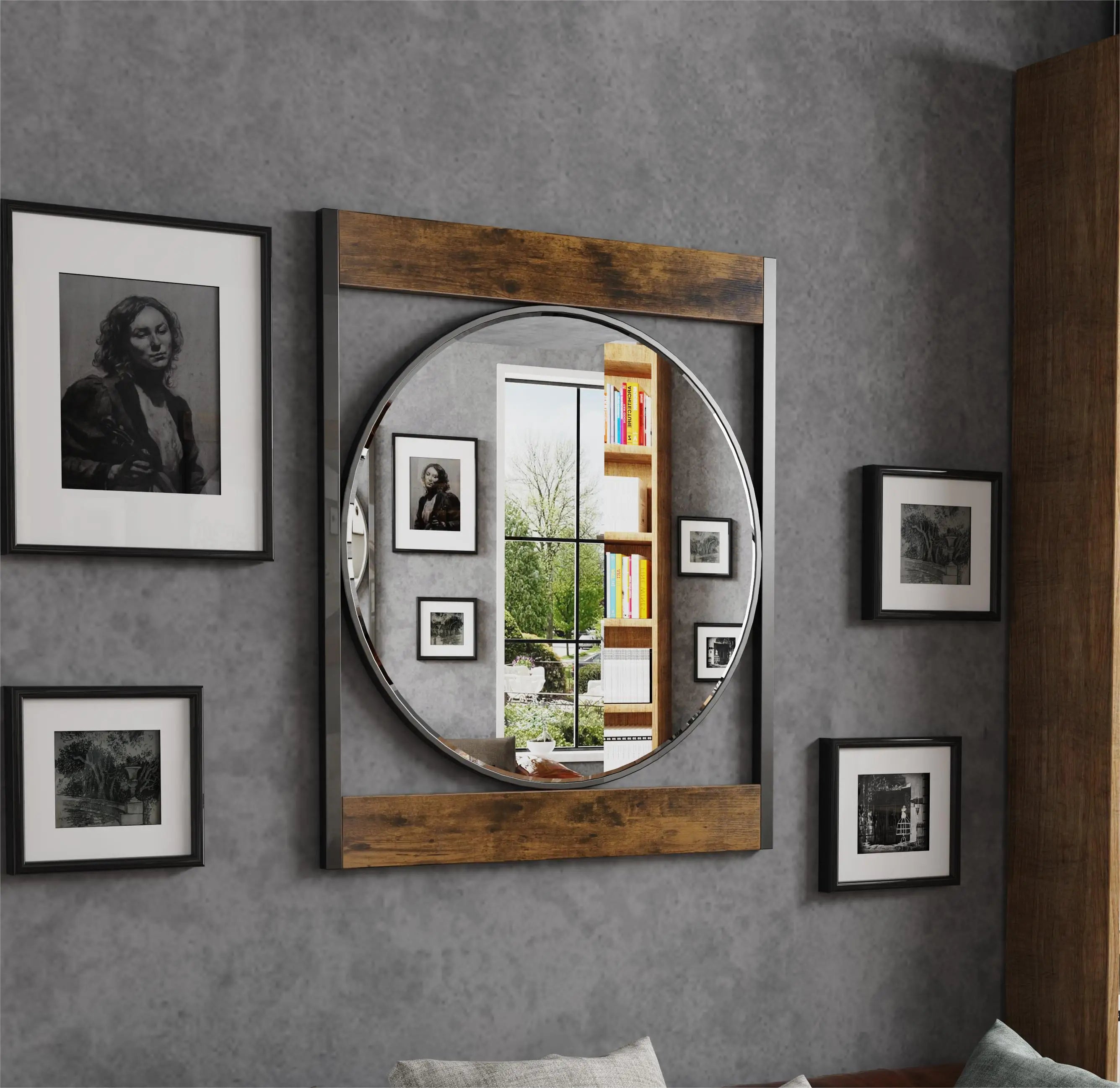 Industrial Metal Wood Frame Mirror 63x76CM