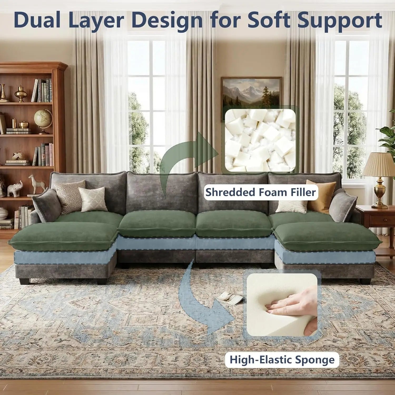U Shaped Modular Sectional Sofa, Cloud Couch with Movable Ottoman, Comfy Chenille Sofa with Pillows for LivingApartment