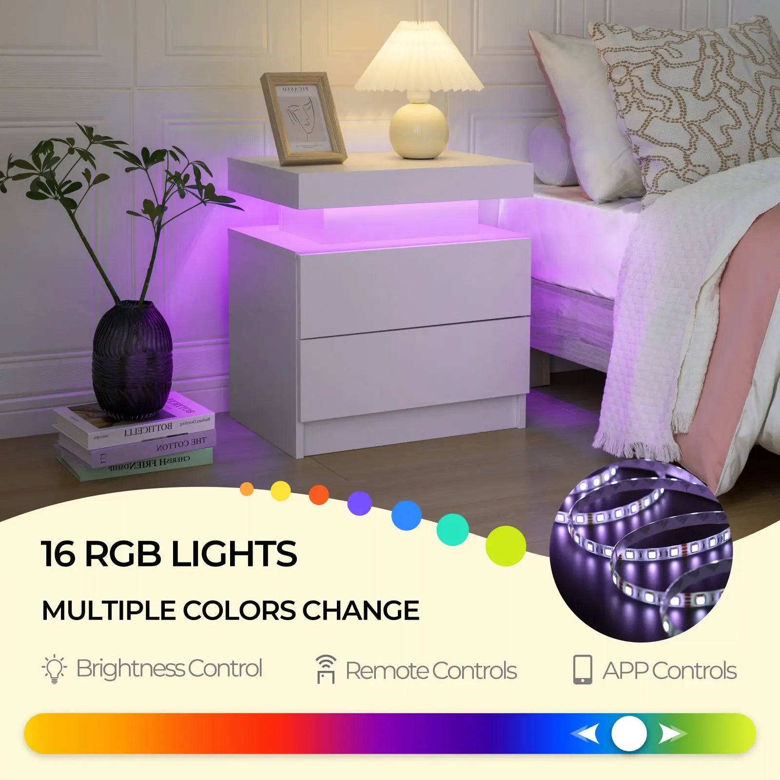 Moroccan Cube Nightstands with 2 Drawers, End Table with RGB LED Lights