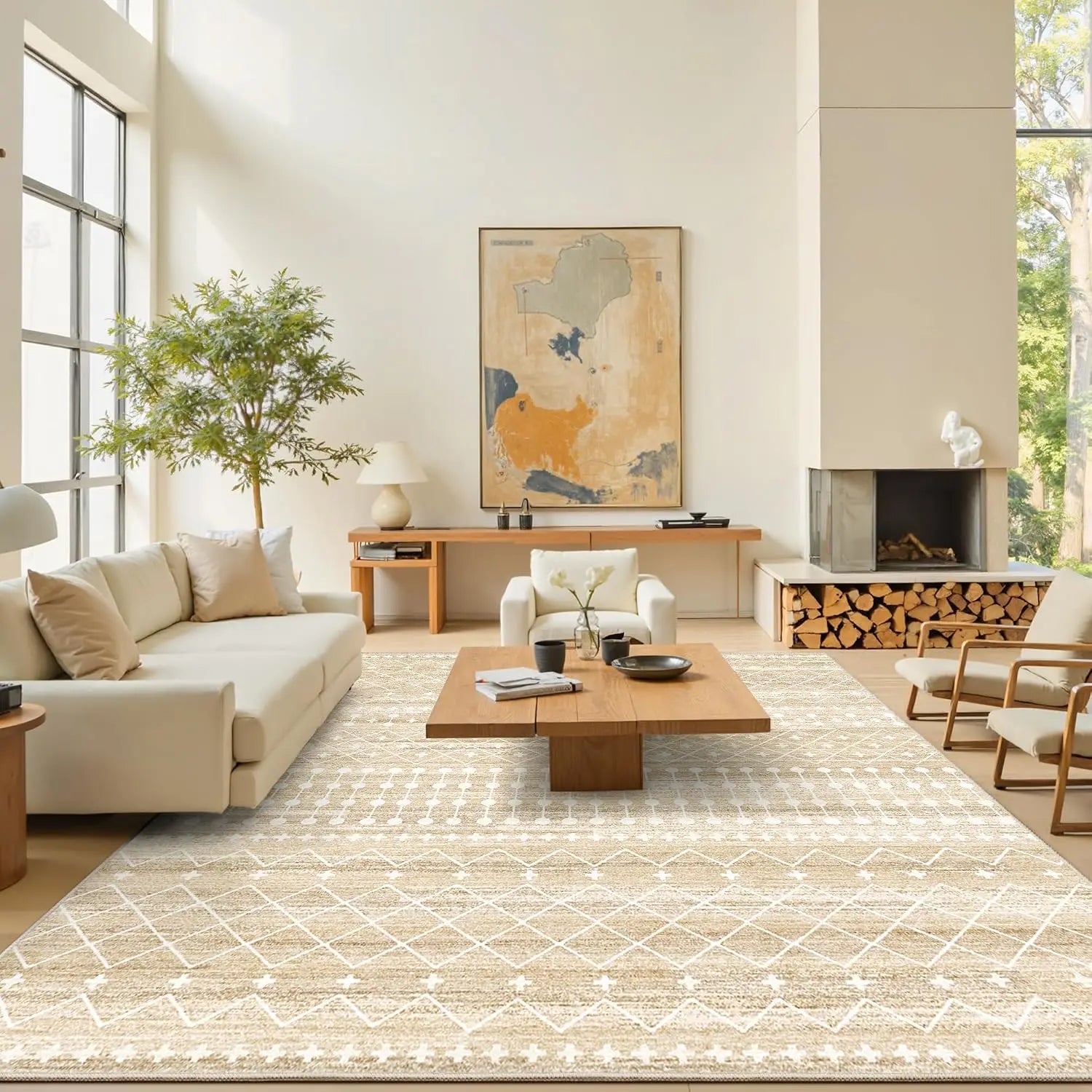 Boho 8x10 Washable Area Rug for Living Room, Non Slip Moroccan Low Pile Carpet,Beige
