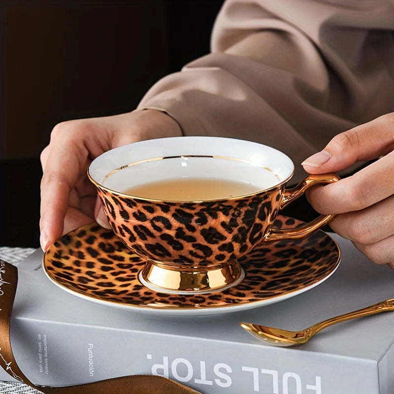 Luxurious Leopard Print Tea Set: Elegant Bone China Cup And Saucer with Golden Trim