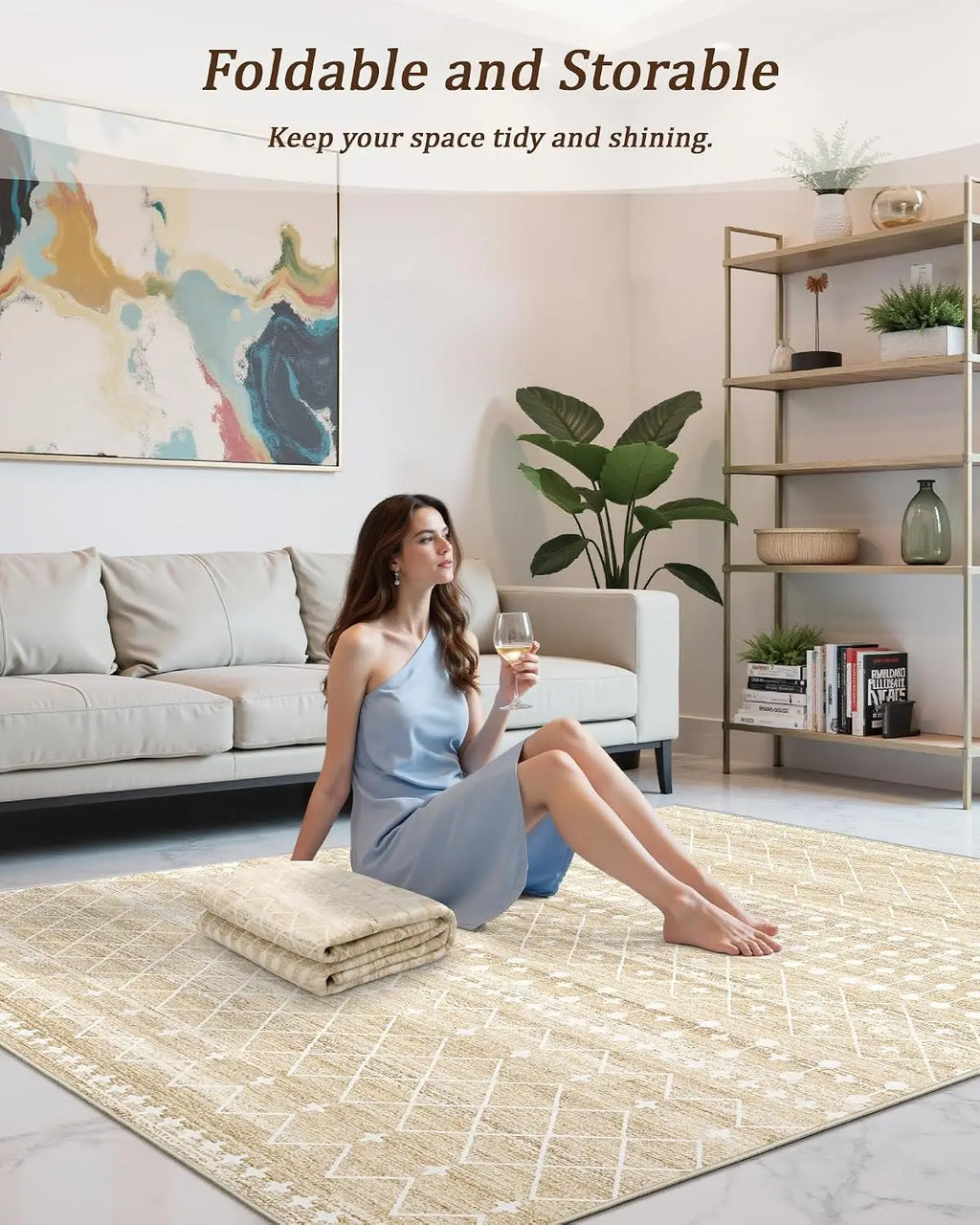 Boho 8x10 Washable Area Rug for Living Room, Non Slip Moroccan Low Pile Carpet,Beige