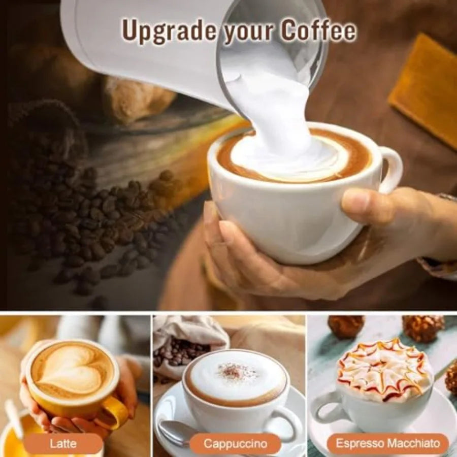 4 IN 1 Electric Milk Frother for Latte, Cappuccino, Hot Chocolate Stainless Steel, White, Large