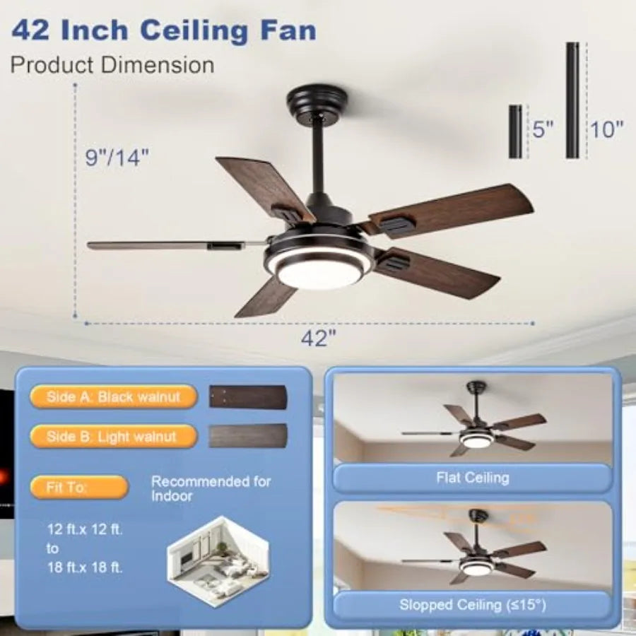 42-Inch Ceiling Fan with Light : Walnut Finish 5-Blade Dual-Tone Reversible Fan
