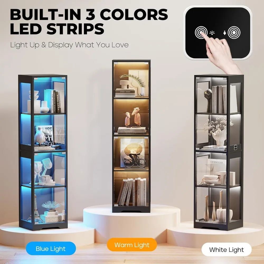 4-Tier Glass Display Cabinet with 3 Color LED Lights - Black
