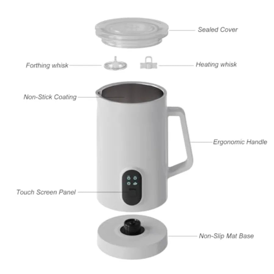4 IN 1 Electric Milk Frother for Latte, Cappuccino, Hot Chocolate Stainless Steel, White, Large
