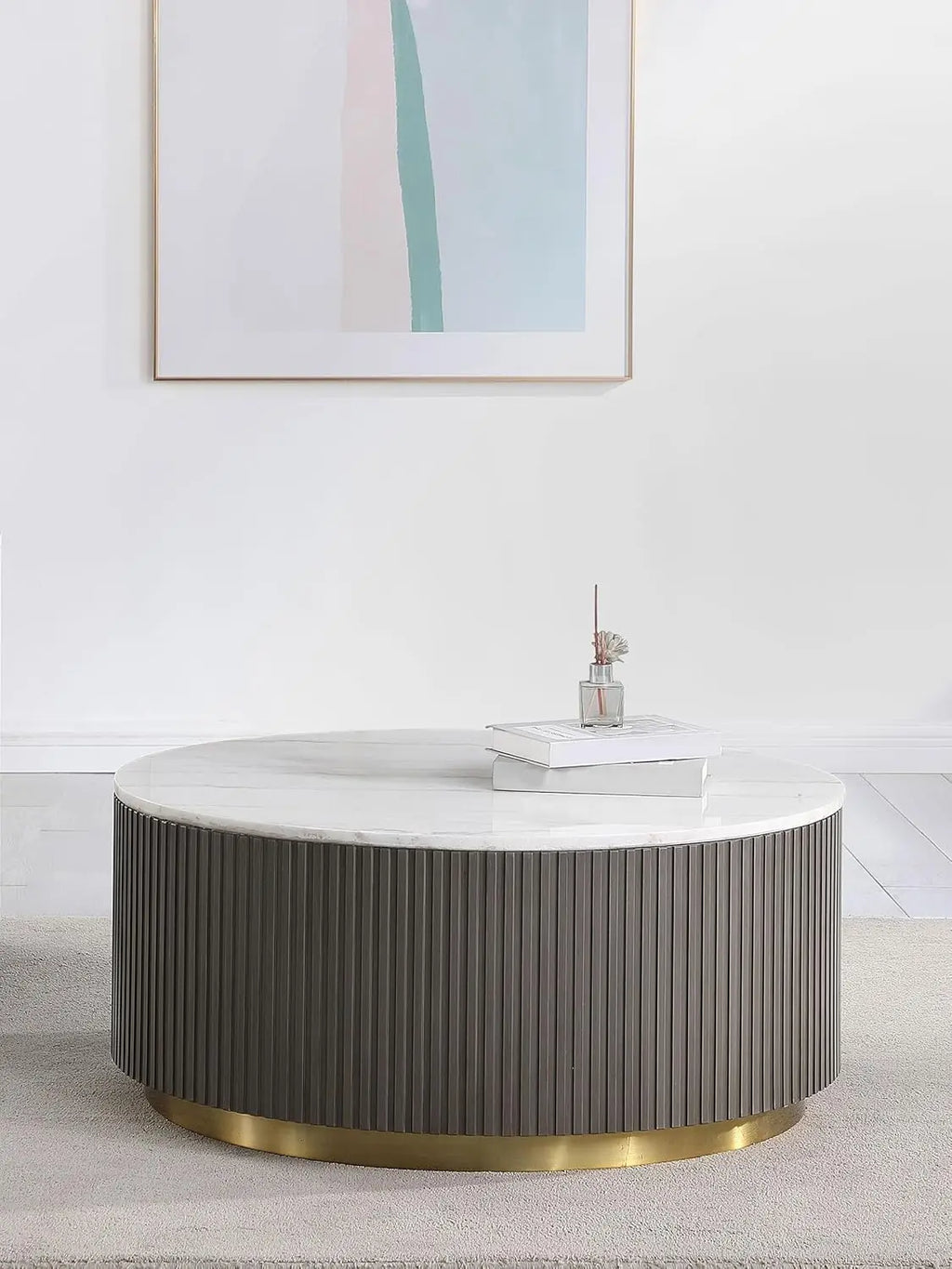 Modern Coffee Table with Reeded Drum Base, Gold Ring Accent