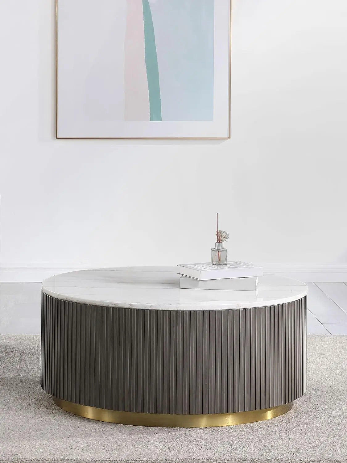 Modern Coffee Table with Reeded Drum Base, Gold Ring Accent
