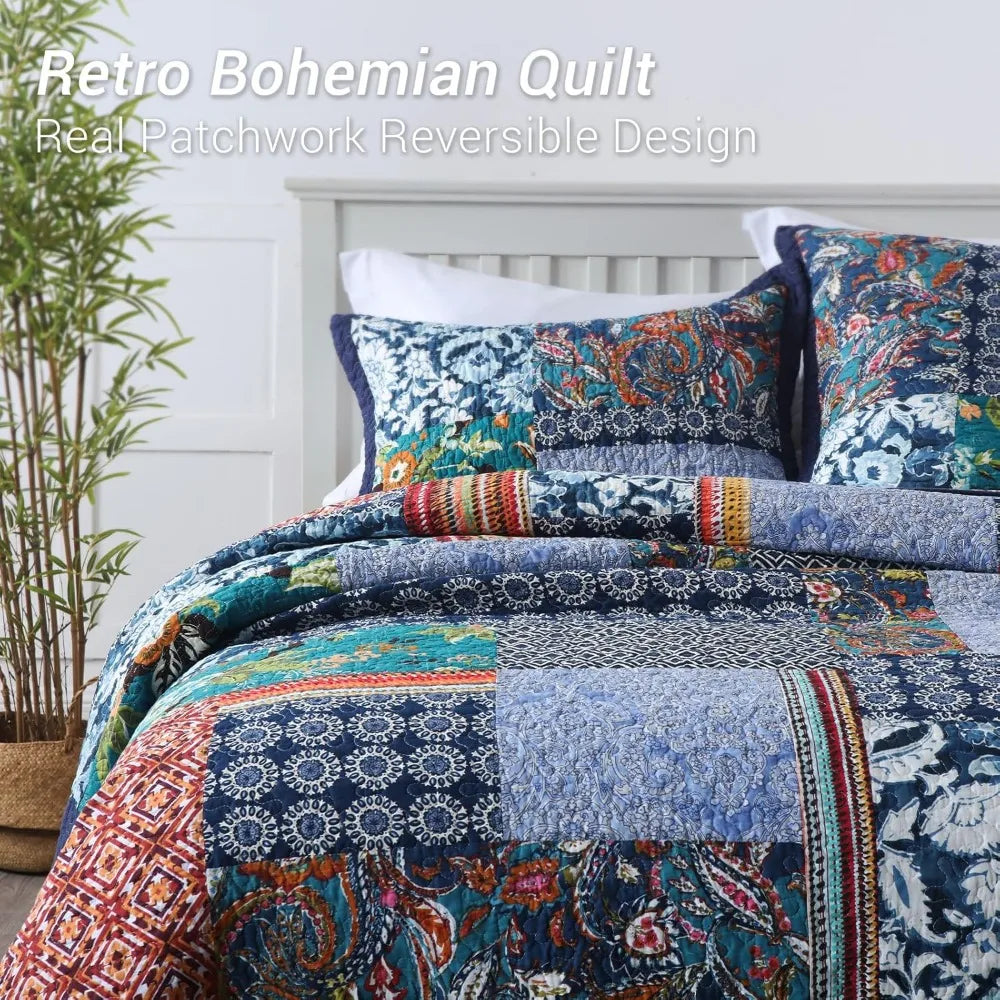 King Quilt Set Reversible Bohemian Paisley Patchwork Quilted Bedspread Set 3-Piece
