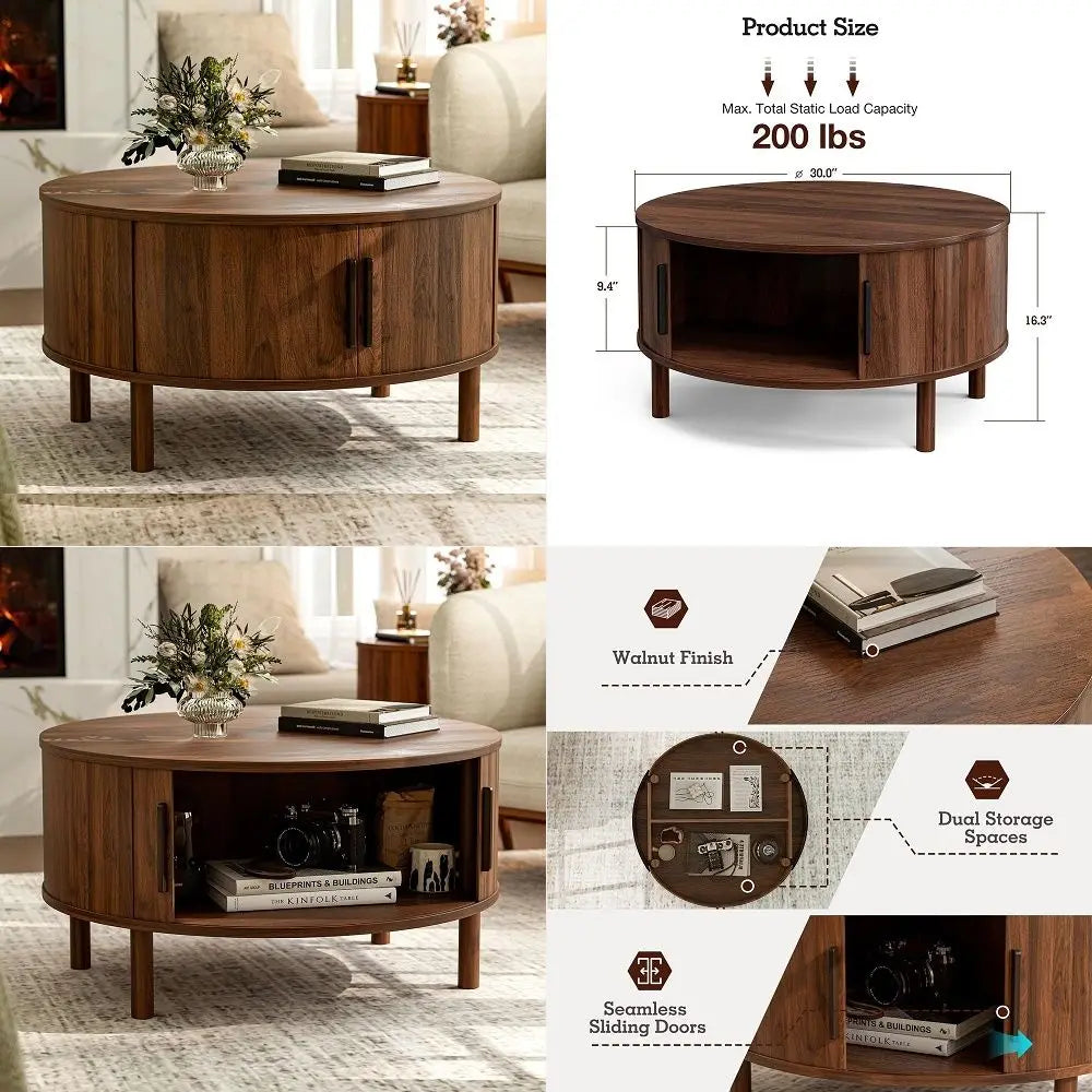 Sleek MidCentury, Walnut 30.0D x 16.3H, Round Coffee Table