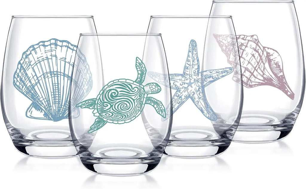 4 PCS Ocean Stemless Wine Glasses-17 Oz Coastal Glassware Gifts for Beach Lovers-Sea Turtle,Seashell,Starfish,Conch Wine