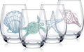 4 PCS Ocean Stemless Wine Glasses-17 Oz Coastal Glassware Gifts for Beach Lovers-Sea Turtle,Seashell,Starfish,Conch Wine