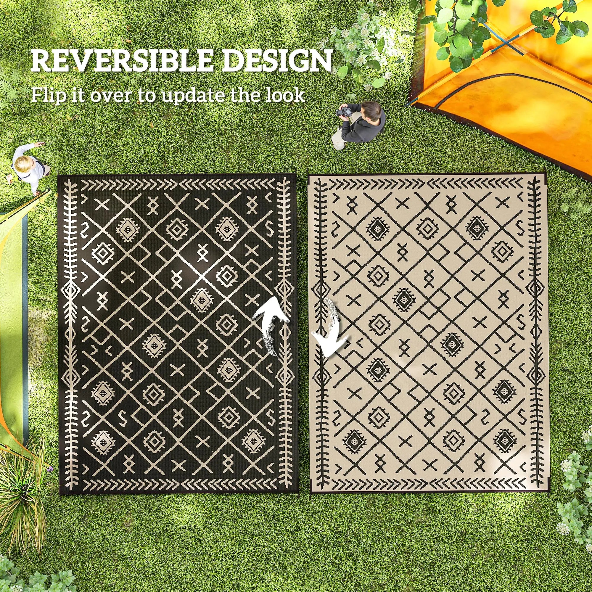 Awesome Outdoor Rug, 9' x 12' Floor Mat, Black Beige Rhombus